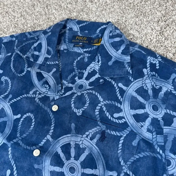 Polo Ralph Lauren Shirt Mens M Blue Ship Wheel Rope Linen Nautical Button Down