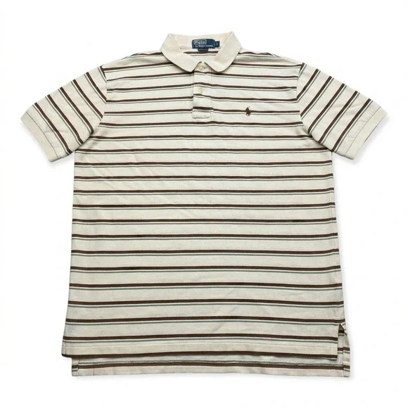 Polo Ralph Lauren Polo Shirt Mens Large Cream Brown Striped Short Sleeve Cotton