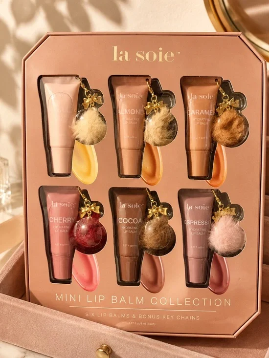 La Soie Mini Lip Balm Collection Gift Set with 6 Keychains NIB