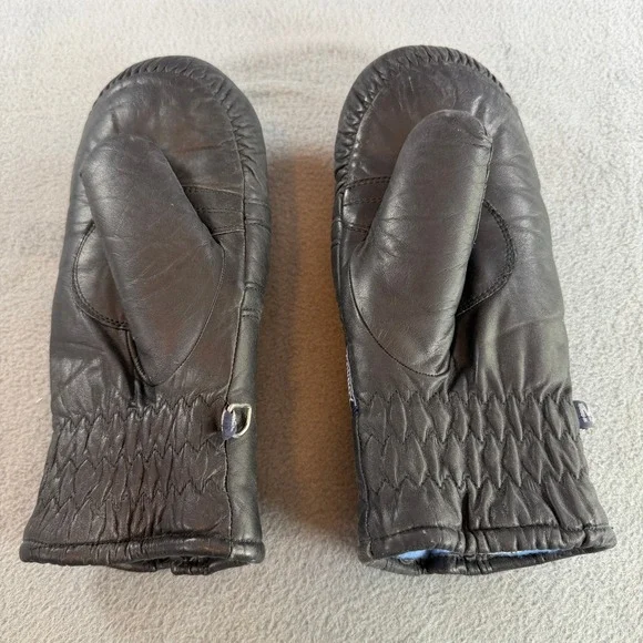 Vintage Conroy Black Leather Mittens Womens Medium Blue Fleece Lined Zipper Back