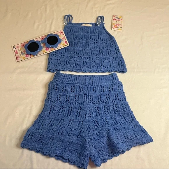 NWT Btween Baby Girls 2PC Crochet Set Blue Shorts & Camisole Top 12M Sunglasses