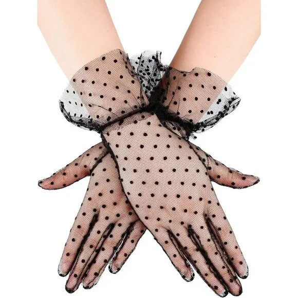Women's Evening Black Elegant Polka Dot Mitten Lace Gloves Party Tea Accessories