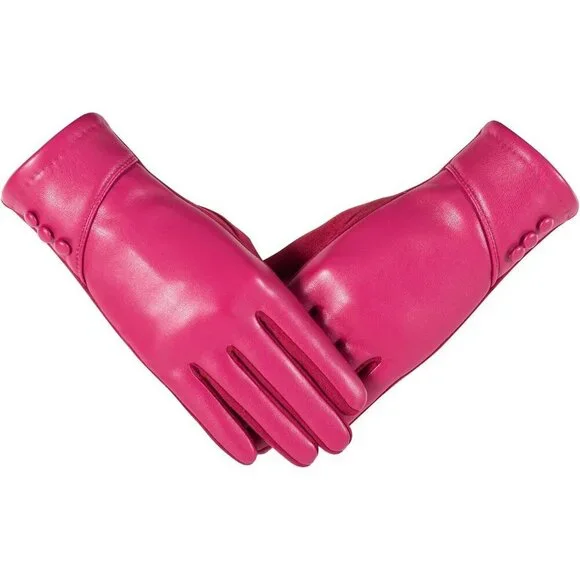 Women's Rose Red Winter Leather Suede Gloves Wool Lined Windproof Touchscreen