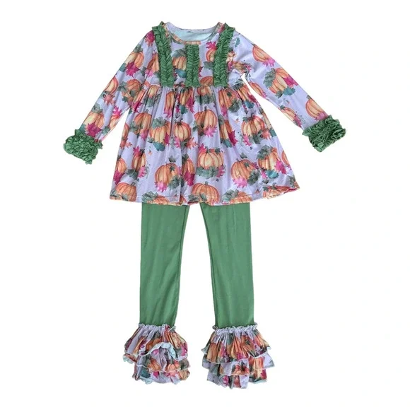 NWOT Pumpkin Leaf Fall Autumn Orange Crush Print Ruffle Top, leggings Set age 4T