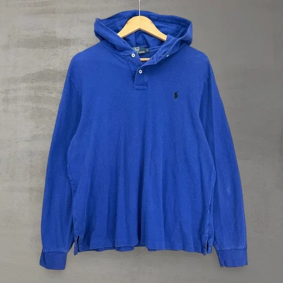 Polo Ralph Lauren Hooded Polo Shirt Blue Long Sleeve Pique Large