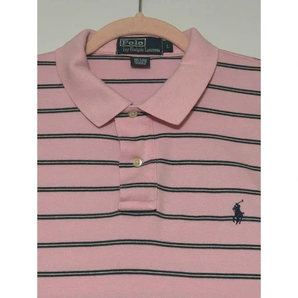 Polo Ralph Lauren Mens L Pink Navy Striped Short Sleeve Soft Cotton Polo Shirt
