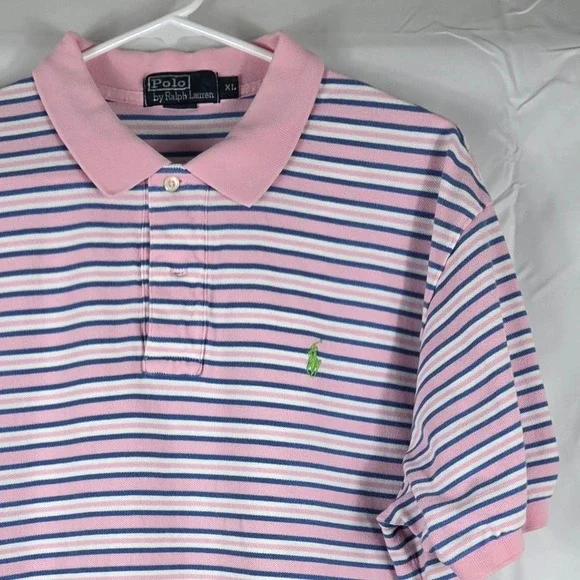 Polo Ralph Lauren Mens XL Pink Blue Striped Short Sleeve Cotton Polo Shirt