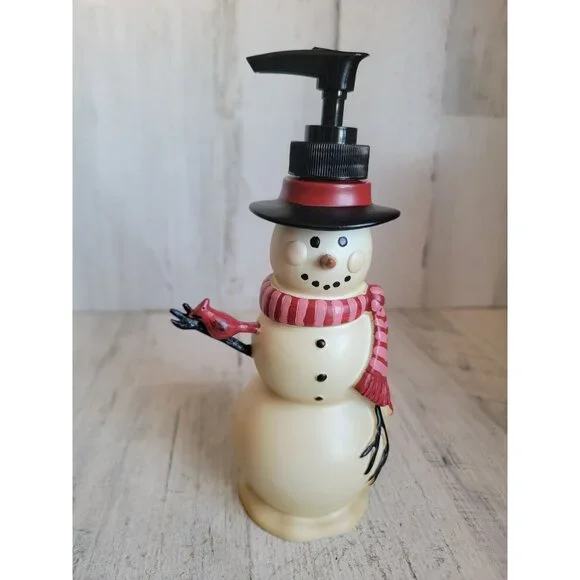 Snowman soap pump red cardinal‎ Xmas bathroom kitchen home decor