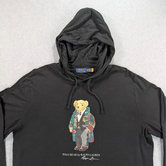 Polo Ralph Lauren Mens XL Black Polo Bear Plaid Coat Hooded T-Shirt Long Sleeve