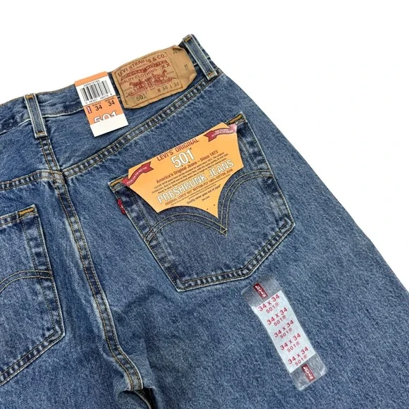 Levis 501 Preshrunk  Mens Blue Denim Jeans Button Fly‎ Straight Leg