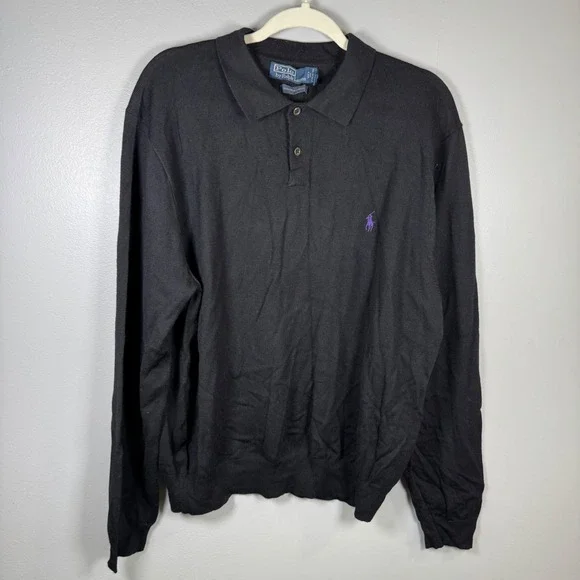 Polo Ralph Lauren Mens XL Black 100% Merino Wool Long Sleeve Polo Sweater Purple