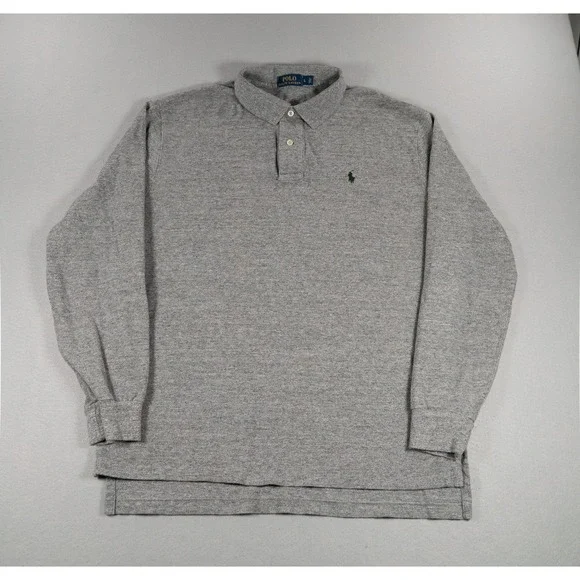 Polo Ralph Lauren Mens Long Sleeve Polo Shirt Heather Grey Cotton Large Logo