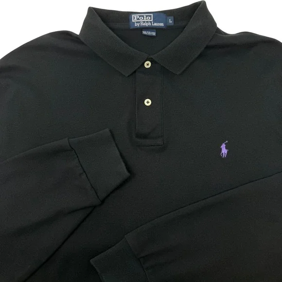 Polo Ralph Lauren Mens Large Long Sleeve Polo Shirt Black Purple Pony Logo
