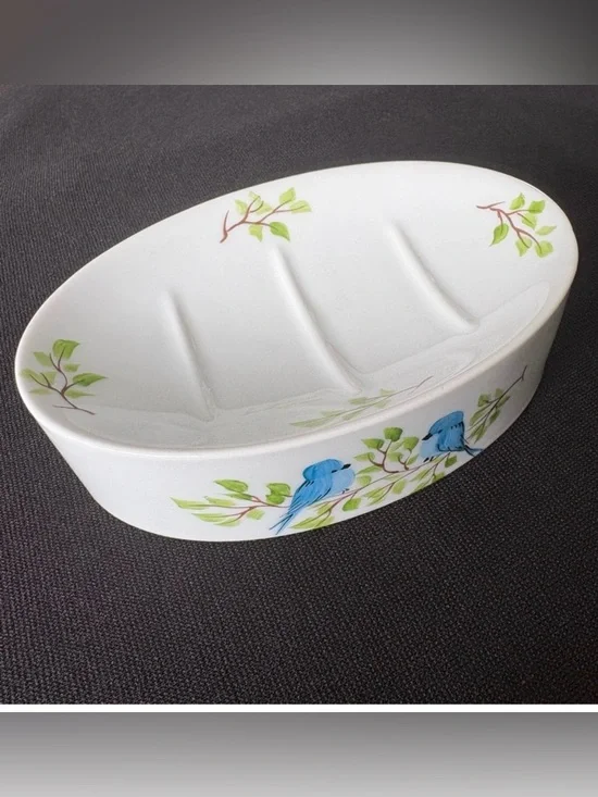 Hand Painted Bluebird Ceramic Soap Dish Nature Cottage Decor