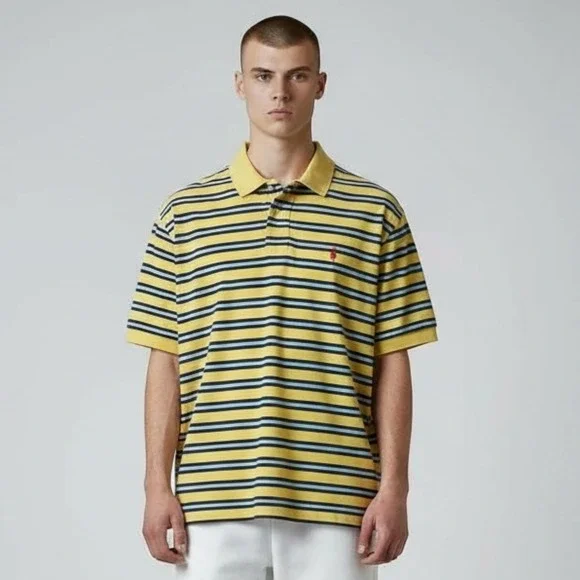 VTG Polo Ralph Lauren Men Yellow Blue Stripe Polo Shirt Large Pony Logo Made USA