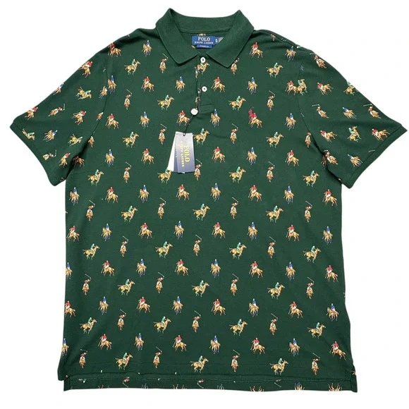 Polo Ralph Lauren Mesh Polo Shirt Mens XL Green Allover Pony Embroidery NWT