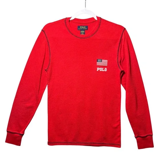 Polo‎ Ralph Lauren Mens Red Waffle Knit Thermal American Flag Sleep Shirt Small