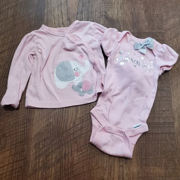 Gerber 2 Organic Cotton Baby Girl Love Onesies Cardigan Pastel Pink Elephant 3M