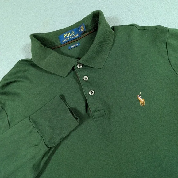 Polo Ralph Lauren Long Sleeve Polo Mens Size M Green Classic Fit Flesh Pony Logo