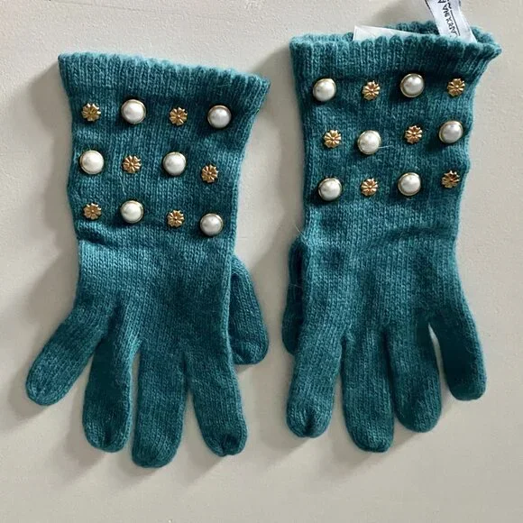 New Carolina Amato Turquoise Wool Angora Embellished Pearl Gold Beads Gloves OS