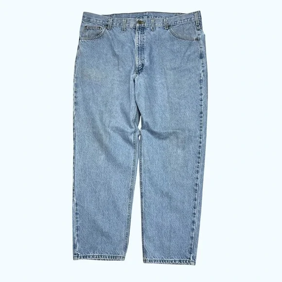 Vintage Carhartt Mens Relaxed Fit Tapered Leg Jeans Light Wash Blue 44x32