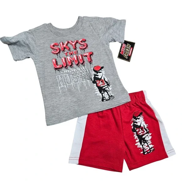 Mini Fresh Short Set Boys 4T Gray Red Skys The Limit Graphic‎ Streetwear Outfit