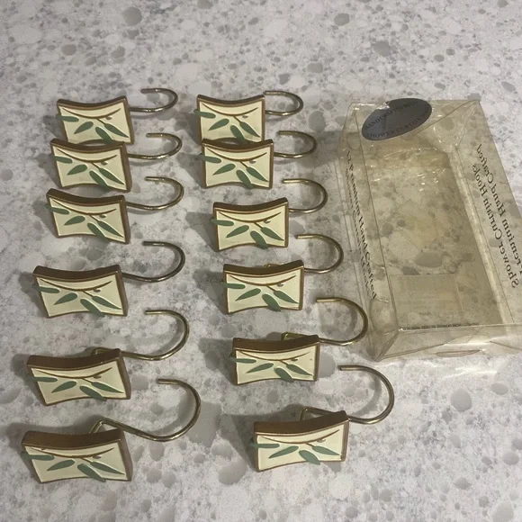 NWT set of 12 Shower curtain hooks front is 1.75” x 1.25” ea. green/beige/bronze