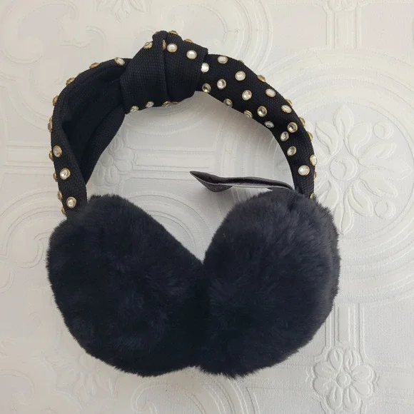 Vince Camuto Earmuffs Black‎ Embellished Studded Knot Faux Fur One Size Cozy