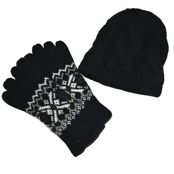Black Knit Beanie and Fair Isle Gloves Set Winter‎ Warm Cozy