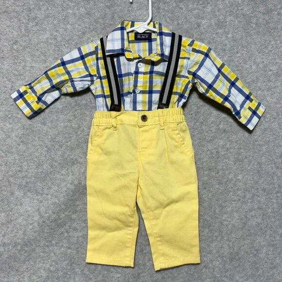 The Children's Place Plaid Bodysuit Suspender Yellow Pants 3-6 Months Baby Boy