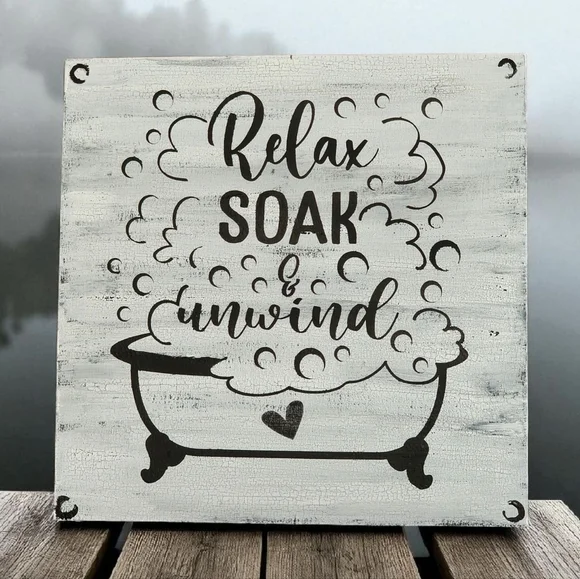 Handpainted Bathroom Sign RELAX SOAK & UNWIND Birch Wood Decor