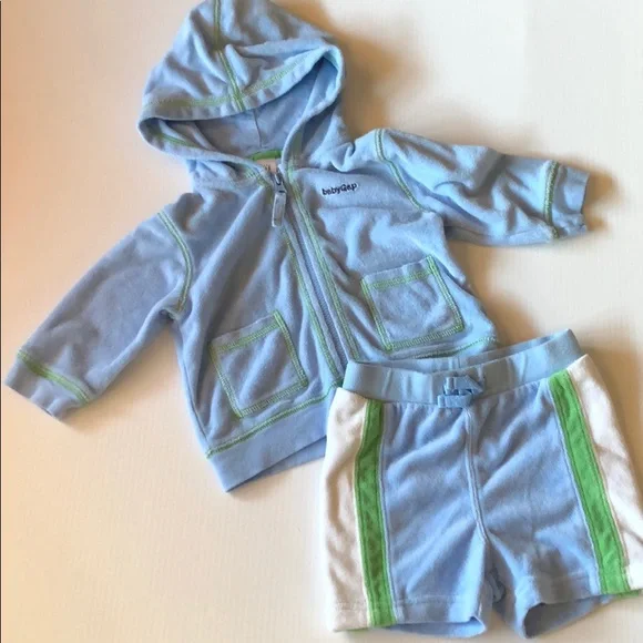 BabyGap Terrycloth Shorts and Hoodie Set Light Blue/Green/White Stripes‎ 3-6 mos