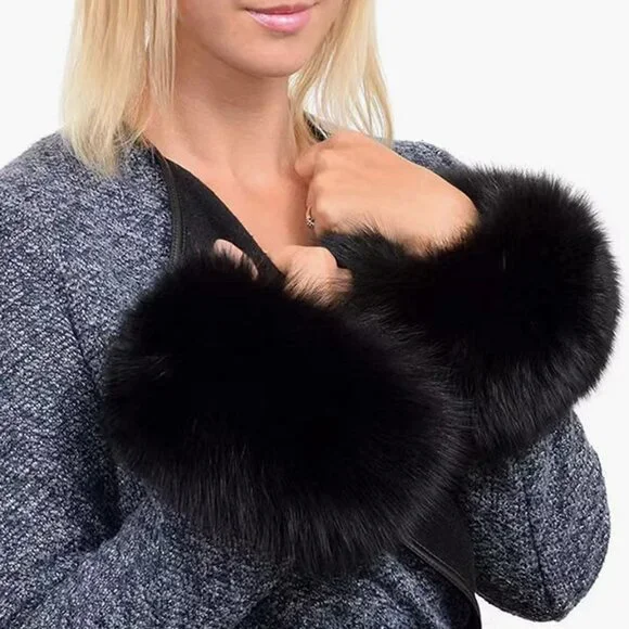 Black Fuzzy Faux Fur Pom Pom‎ Wrist Cuffs Furry Bands Arm Warmers