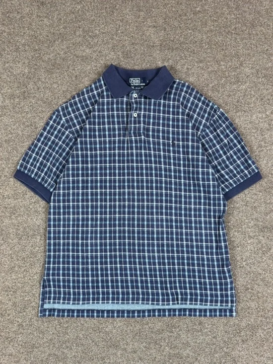 Vintage Polo Ralph Lauren Navy Blue Checkered Polo Mens L Short Sleeve Shirt 90s