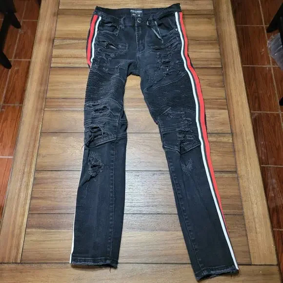 Supply & Demand NYC Black Punk Denim Jeans w/ Side Stripes - Size 32W - M