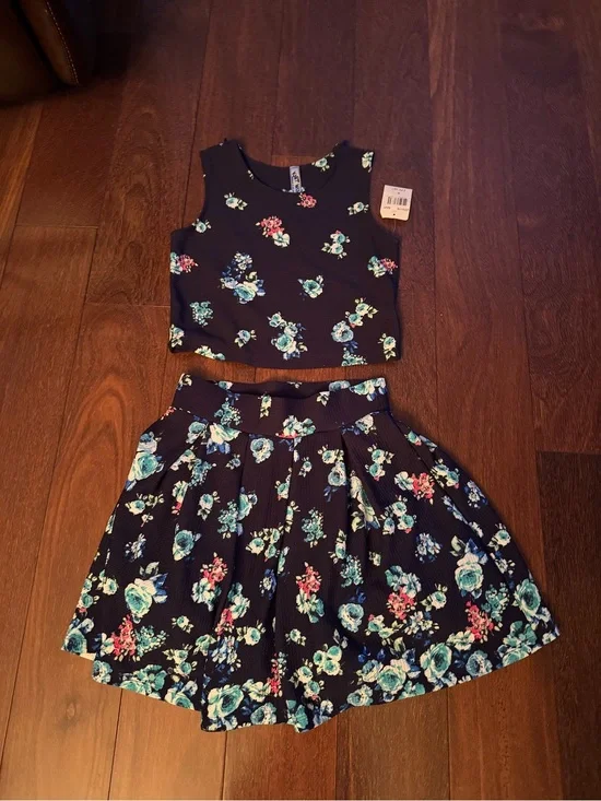 Knitworks Black Floral Girls Matching Crop Top and Skirt Set