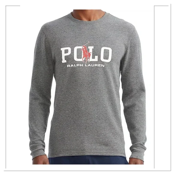 POLO RALPH LAUREN Heather Logo Print Waffle Knit Men’s Sleep Shirt Sz L