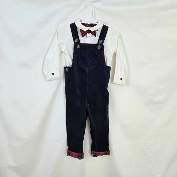 Max Studio Boys Navy‎ Overalls White Shirt Red Plaid Bowtie Holiday Set 12Mo NEW