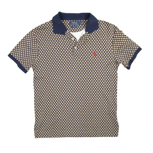 Polo Ralph Lauren Golf Polo Shirt Men M Navy Blue Tan Geometric‎ Foulard Slim
