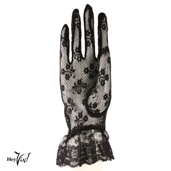 Black Lace Gloves Wrist Length w Ruffle Dressy Weddings Party Bridal Prom