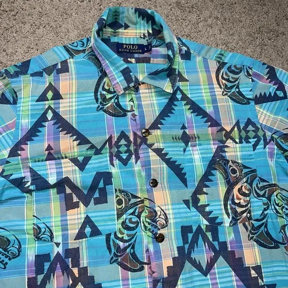 Polo Ralph Lauren Shirt Men L  Blue Plaid Southwest Fish Print Button Front