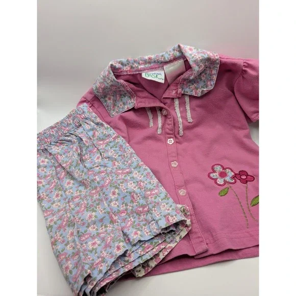 Sz 3T Floral 2 Piece‎ Spring Outfit Vtg 90s Embroidered Shirt Skirt Skort Baby