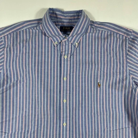 Polo Ralph Lauren Button Down Mens 2XB Striped Short Sleeve Oxford Blue Pink