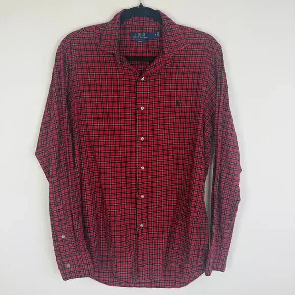 Polo Ralph Lauren Mens Slim Button-Up Long Sleeve Red/Black Plaid Shirt Medium