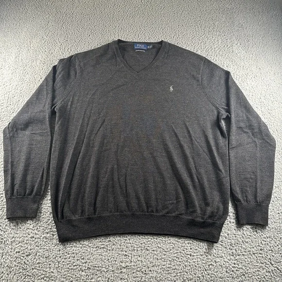 Polo Ralph Lauren Sweater Mens 2XL Gray Merino Wool V-Neck Knit Long Sleeve