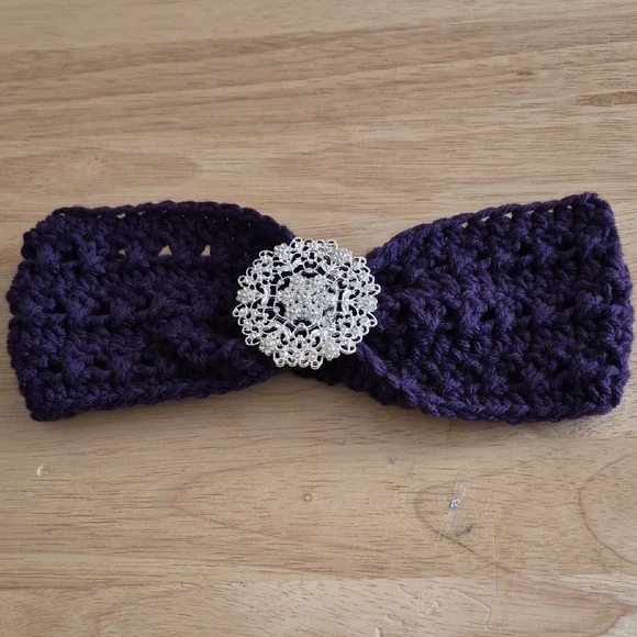 Handmade Purple Crochet Headband with Silver Brooch