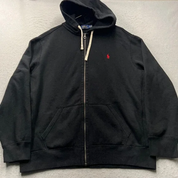 Polo Ralph Lauren Mens XXL Full Zip Hoodie Black Red Pony Logo Waffle Lined Hood