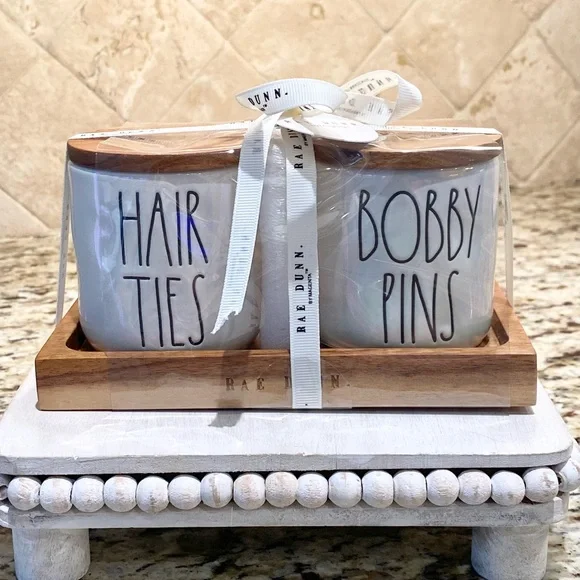 NEW ‘HAIR TIES & BOBBY PINS’ Iridescent Ceramic Cellars With Wood Top And Both