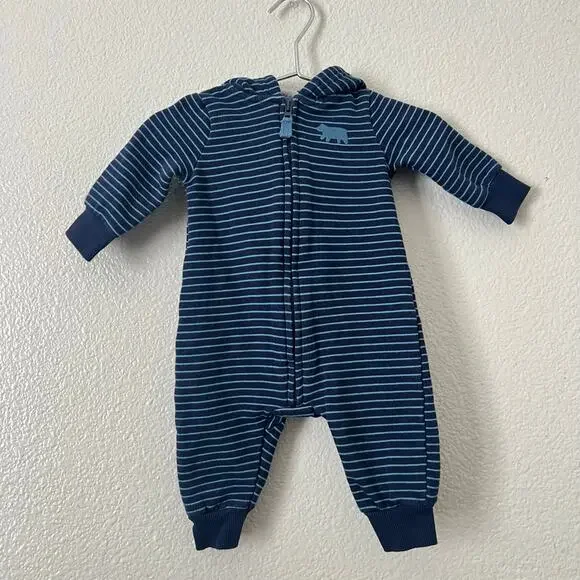 Carter’s stripe bear ear bunting hoodie zip one piece navy blue
