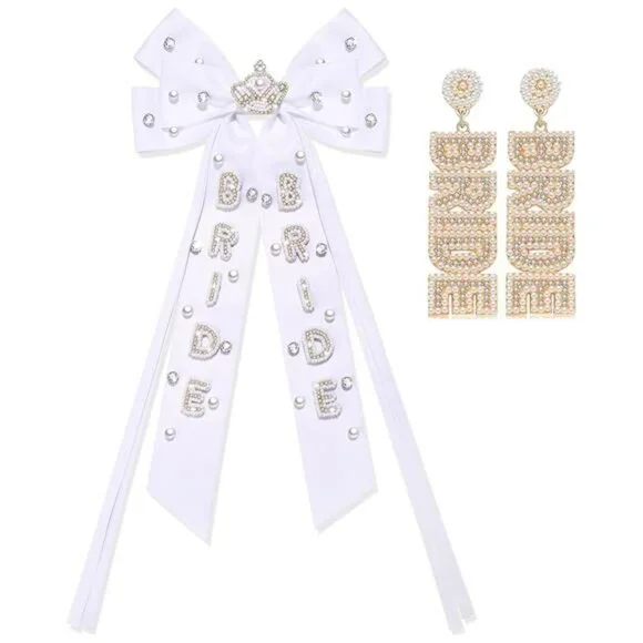 Bride Hair Bow Clips for Women Beaded Bride Hair Clips Statement White Silky